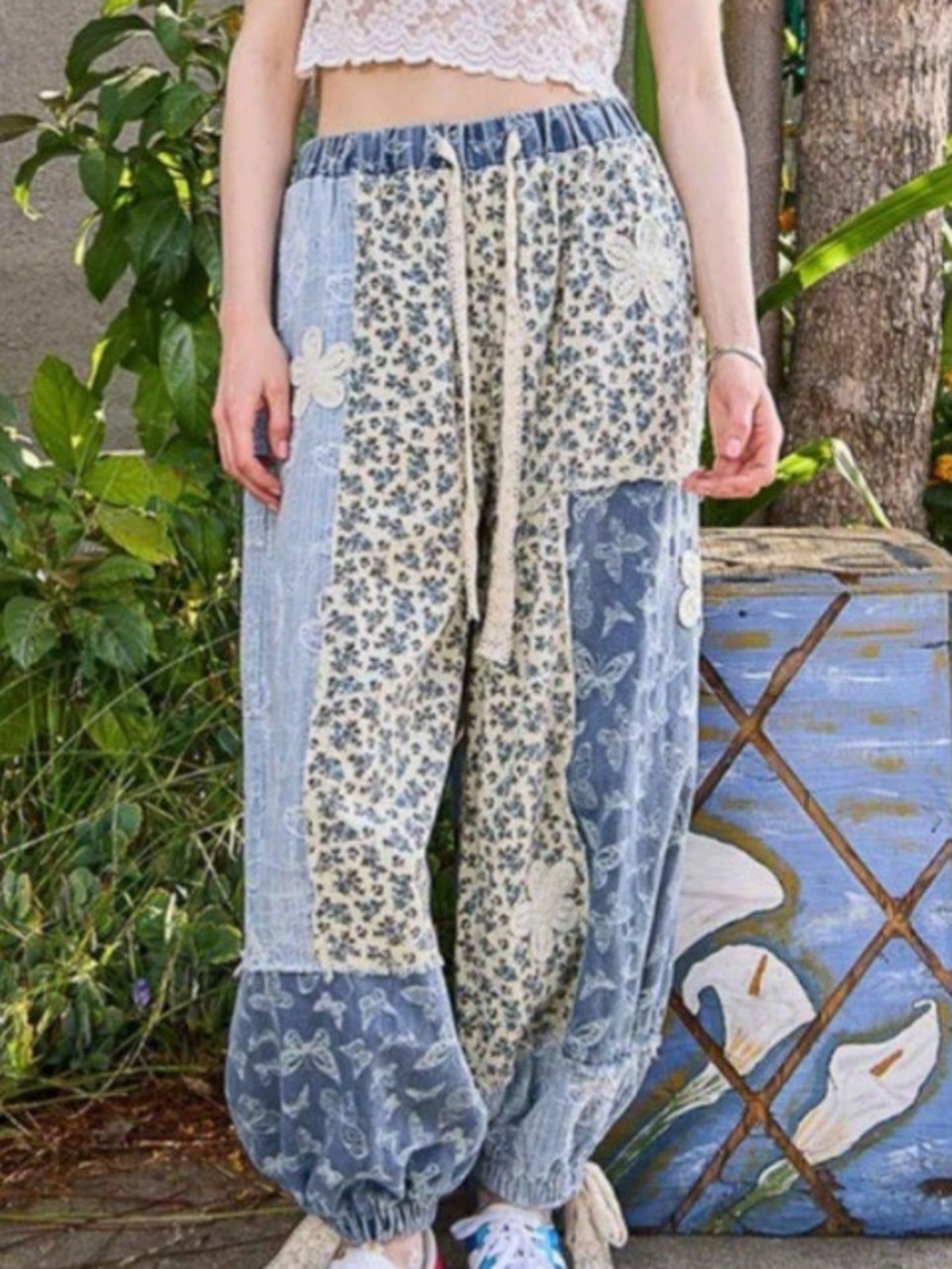 POL Boho Butterfly & Floral Patchwork Jogger Pants - Blue NWOT